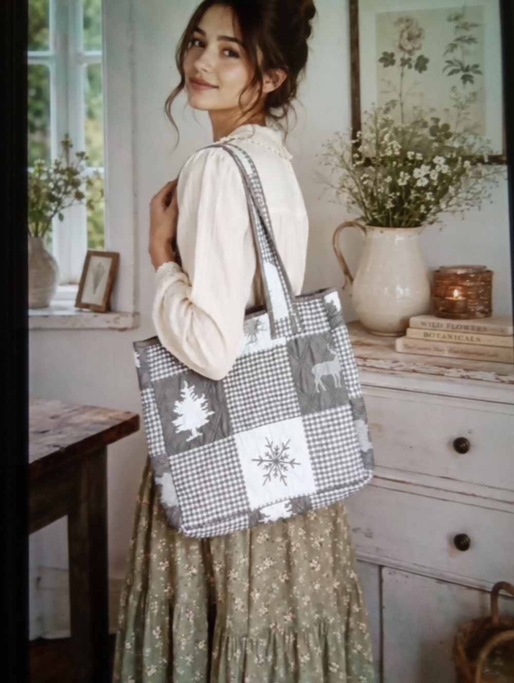 Quilted Grey & White Tote Bag with Tree Motif Handmade No Brand